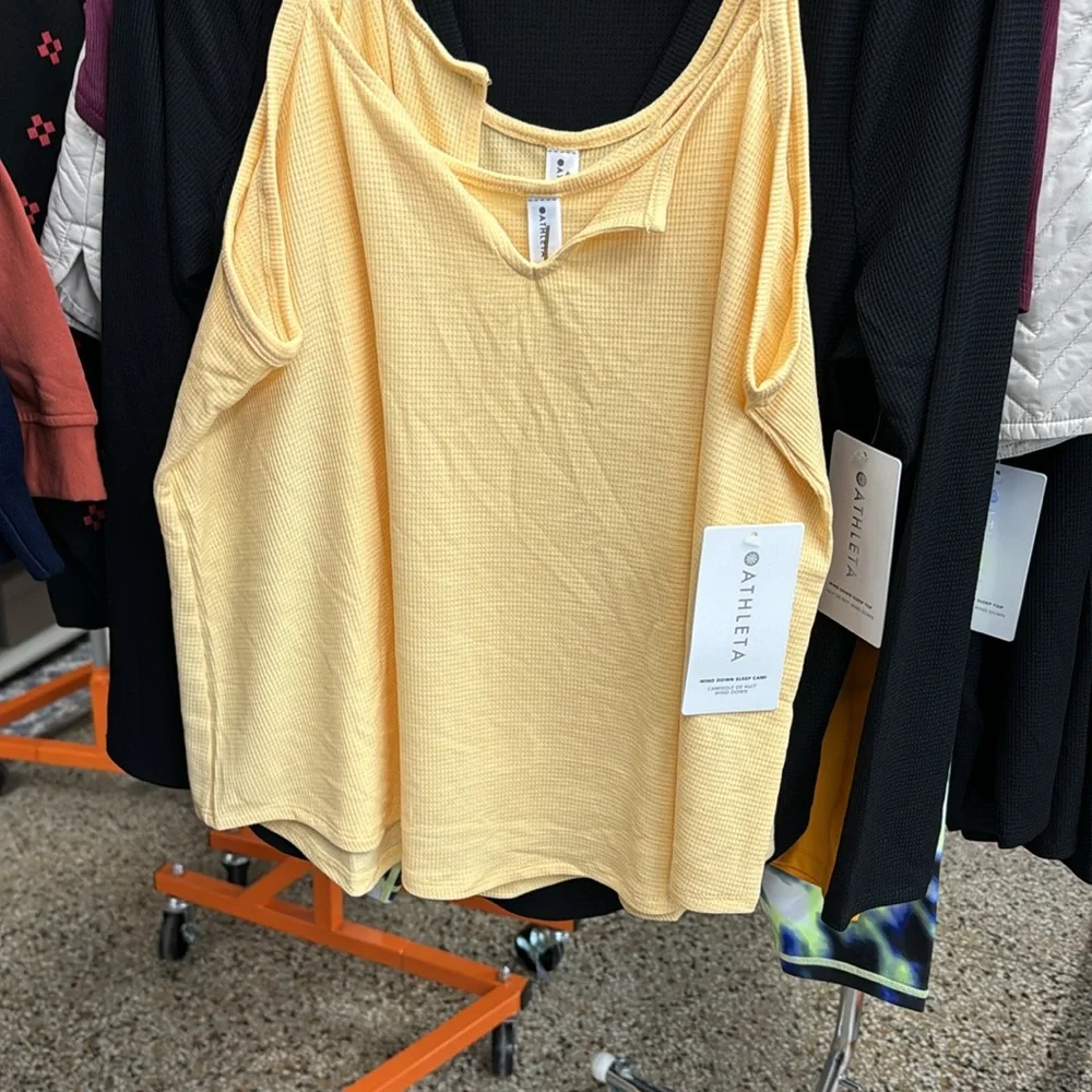 ATHLETA Waffle Knit Wind Down Sleep Tank Top Size Medium Yellow Canary Cami NEW - Picture 3 of 3